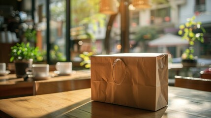 Paper Bag on a Table in a Cafe