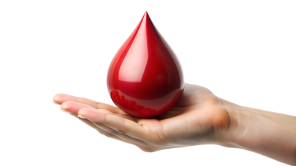 Hand holding a large drop 3D of blood isolated on a transparent background, blood donation concept, top view