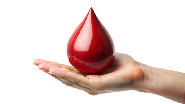 Hand holding a large drop 3D of blood isolated on a transparent background, blood donation concept, top view