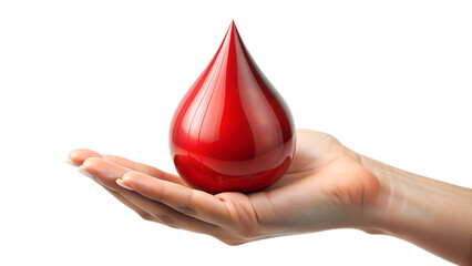 Hand holding a large drop 3D of blood isolated on a transparent background, blood donation concept, top view