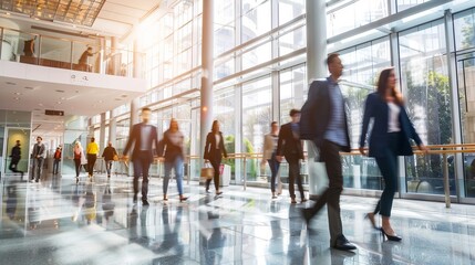 Professional business people walking through bright office lobby with modern glass architecture, capturing motion blur effect, ideal for corporate environment concepts, team collaboration, and dynamic
