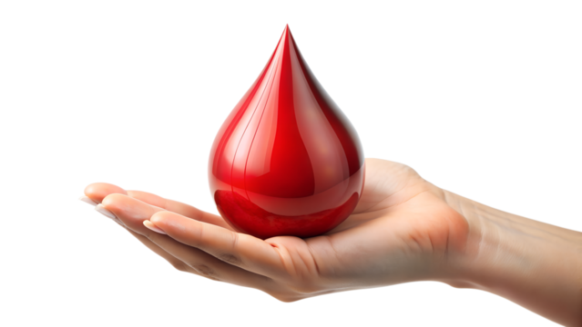 Hand holding a large drop 3D of blood isolated on a transparent background, blood donation concept, top view - Powered by Adobe