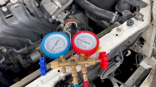 Checking A/C Pressure of a Vehicle with Measuring Gauges Tool