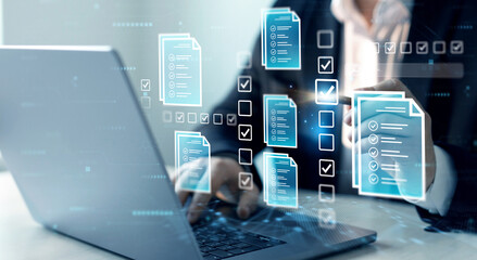 Business productivity checklist and filling survey form.Fast checklist and clipboard task management.Businessman check virtual electronic documents and checklist approve.