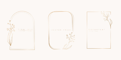 Botanical line art illustration set of wildflowers, branch frames for wedding invitation and cards, logo design, web, social media and posters template. Elegant minimal style floral vector isolated.