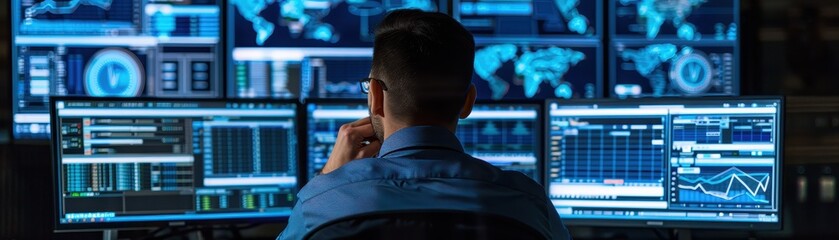 Obraz premium A cybersecurity specialist monitors multiple computer screens in a control room, analyzing data, tracking threats, and ensuring network security.