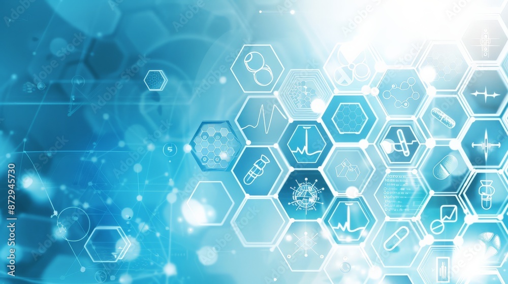 Poster medical technology background with hexagonal interface icons on a blue background. illustrates moder