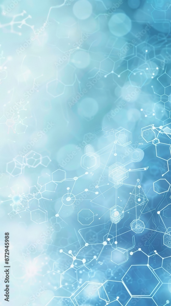 Poster molecular structures and hexagonal shapes on a blue background. suitable for scientific and medical 