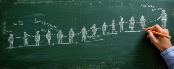 Conceptual image illustrating learning process with hand drawing figures progressing upward on a chalkboard, symbolizing continuous education.