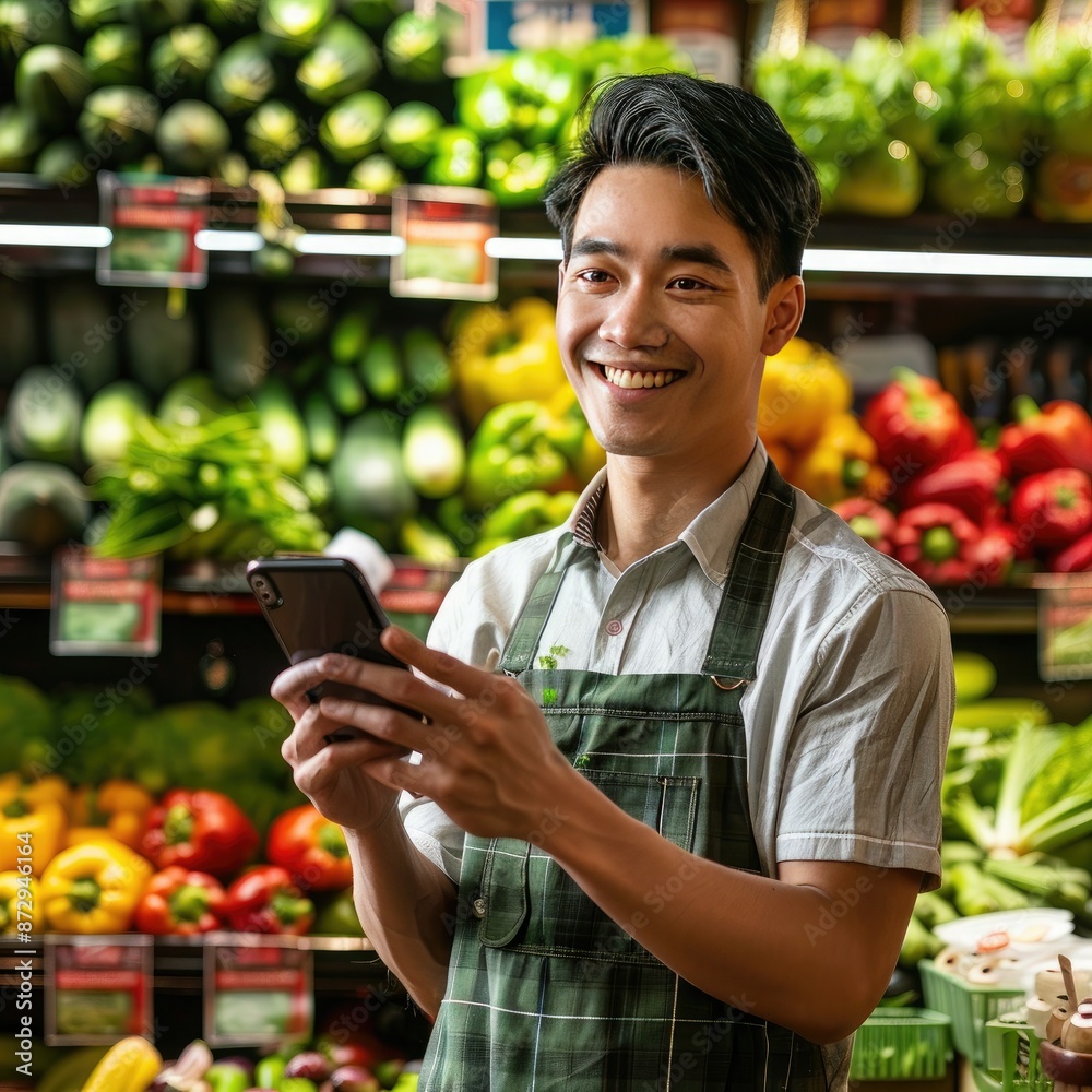 Poster a man with a friendly expression, standing in front of a shelf full of fresh vegetables, holding his