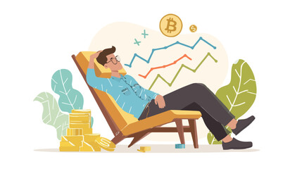 Passive income and market investing flat vector illustration. Investor man relax in chair and get money profits