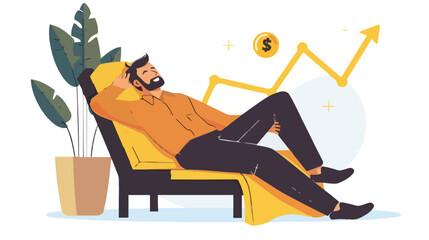 Passive income and market investing flat vector illustration. Investor man relax in chair and get money profits