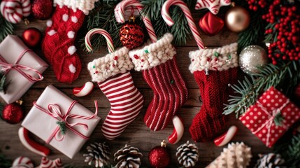 Festive Christmas stocking stuffers with small gifts, candy canes, and holiday cheer