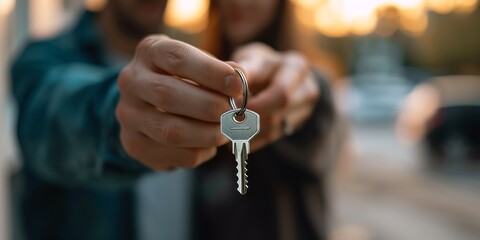 Close up of young couple hug at new home hold house keys moving in together, loving caring husband and wife apartment owners excited relocating to own dwelling, renting, relocation concept