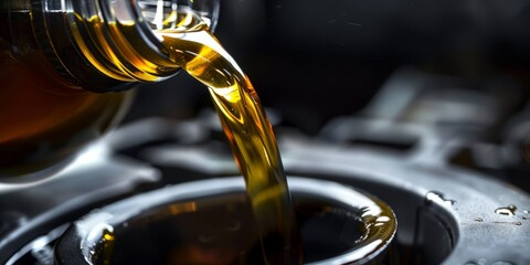 Refueling and pouring oil quality into the engine motor car Transmission and Maintenance Gear. Closeup on golden oil.