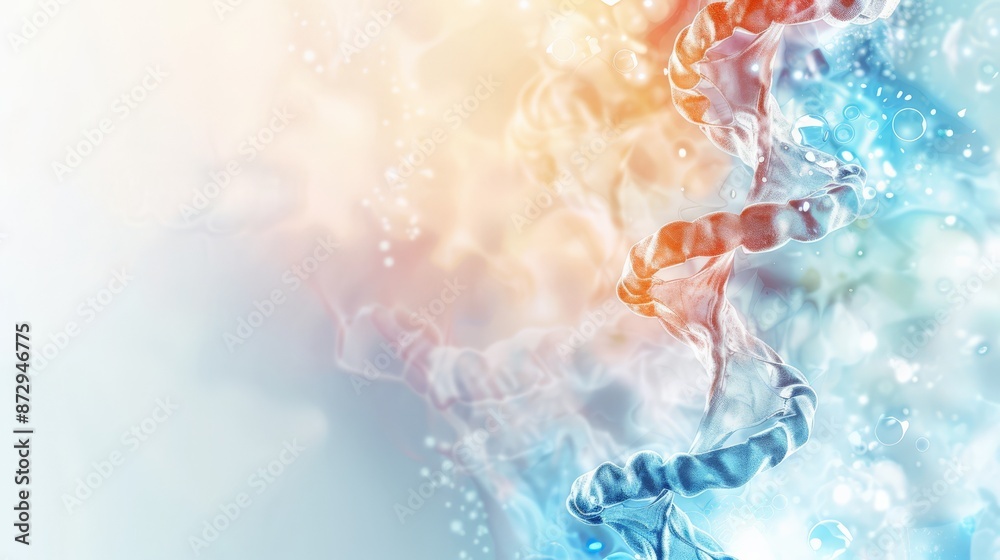 Poster Abstract DNA helix structure in blue and orange with bokeh background. Ideal for genetics and biotechnology concepts.