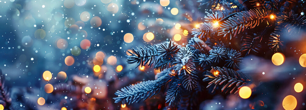 Fondo de invierno con un &aacute;rbol cubierto de nieve, bokeh y espacio para copiar texto. Magia de invierno. Papel tapiz navide&ntilde;o. Decoraci&oacute;n de guirnaldas de A&ntilde;o Nuevo. Luces brillantes en el cielo.