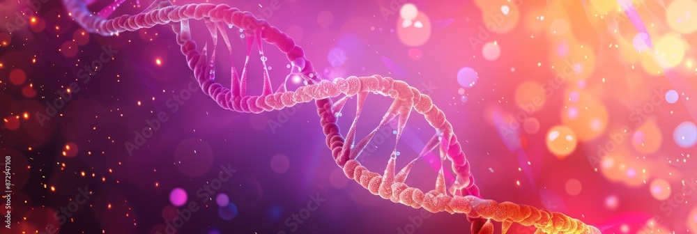 Poster colorful dna helix with digital network elements on a dark background. biotechnology and genetic res