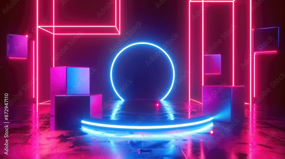 Poster A glowing neon podium with geometric shapes such as squares and circles orbiting around it, creating an immersive environment. 