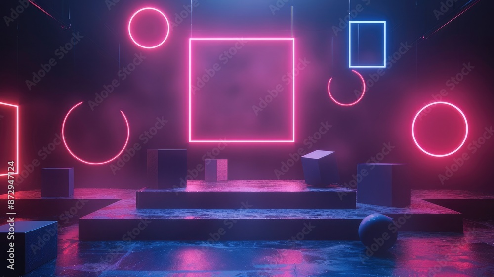 Poster A glowing neon podium with geometric shapes such as squares and circles orbiting around it, creating an immersive environment. 