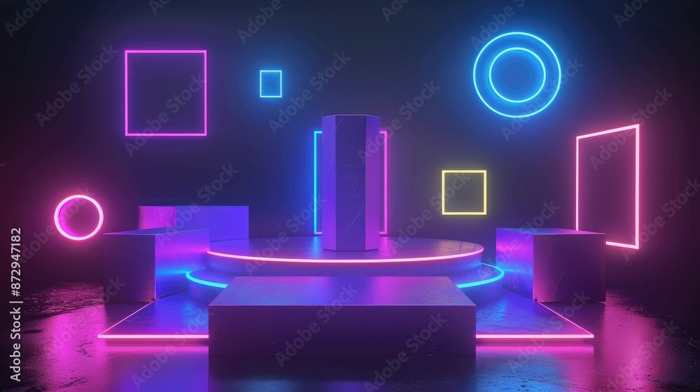 Poster A glowing neon podium with geometric shapes such as squares and circles orbiting around it, creating an immersive environment. 