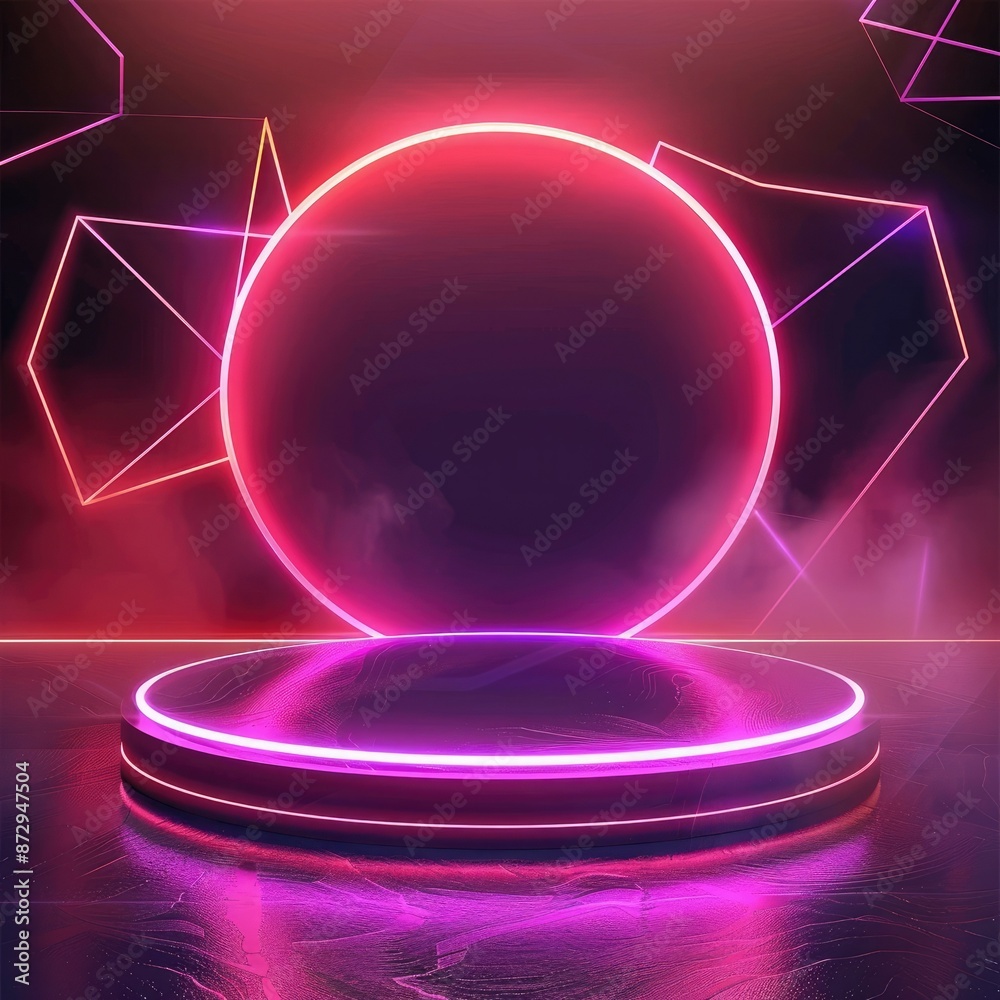 Poster A circular neon podium with a backdrop of glowing geometric shapes, including lines and points, for a captivating design. 
