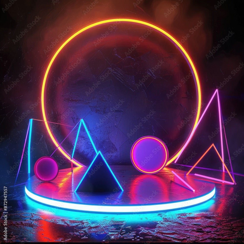 Poster A circular neon podium with a backdrop of glowing geometric shapes, including lines and points, for a captivating design. 