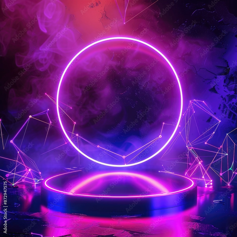 Poster A circular neon podium with a backdrop of glowing geometric shapes, including lines and points, for a captivating design. 