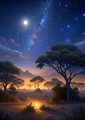 night landscape, safari landscape illuminated by the risen and shining moon