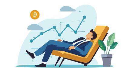 Passive income and market investing flat vector illustration. Investor man relax in chair and get money profits