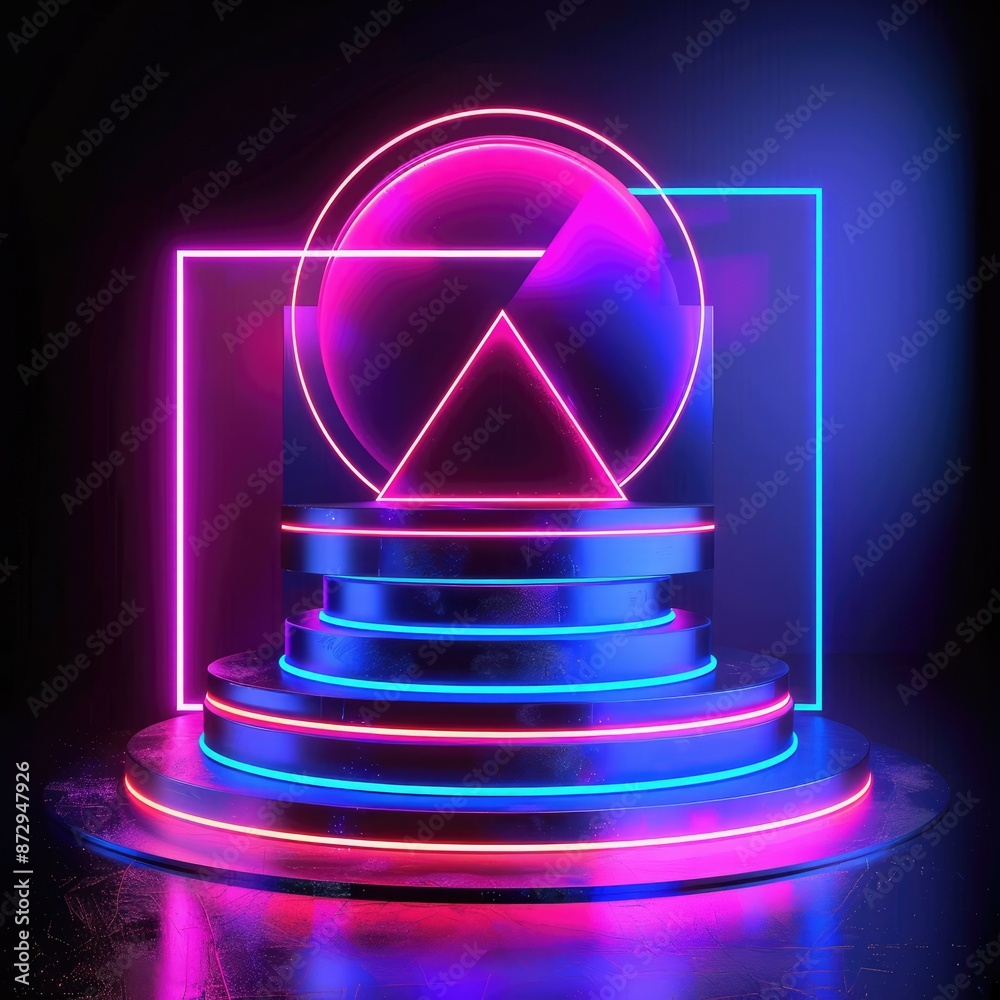 Poster A neon podium set against a dark background, with abstract geometric shapes and glowing lines creating a dynamic visual effect. 