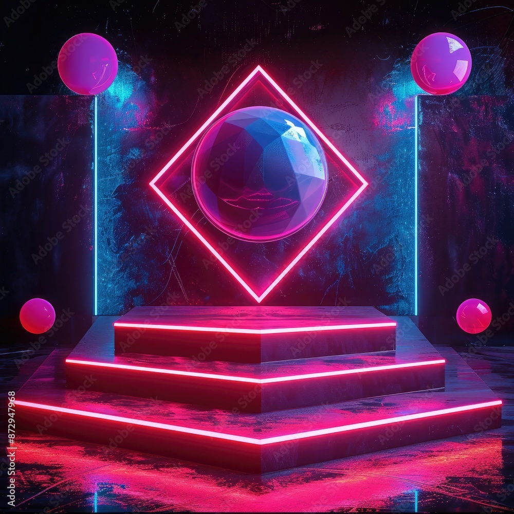 Poster A neon podium set against a dark background, with abstract geometric shapes and glowing lines creating a dynamic visual effect.
