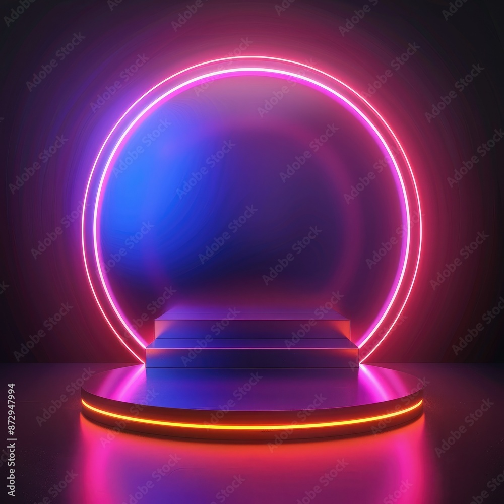 Poster A neon podium set against a dark background, with abstract geometric shapes and glowing lines creating a dynamic visual effect. 