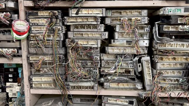 Stacked Electronic Control Units (ECUs) in a Workshop