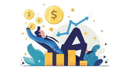 Passive income and market investing flat vector illustration. Investor man relax in chair and get money profits