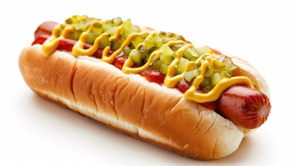 Hot dog topped with mustard, ketchup, and relish in a soft bun