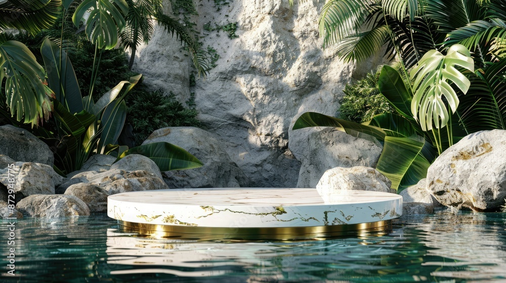 Poster a 3d render of an abstract scene featuring a white and gold cobblestone podium surrounded by tropica