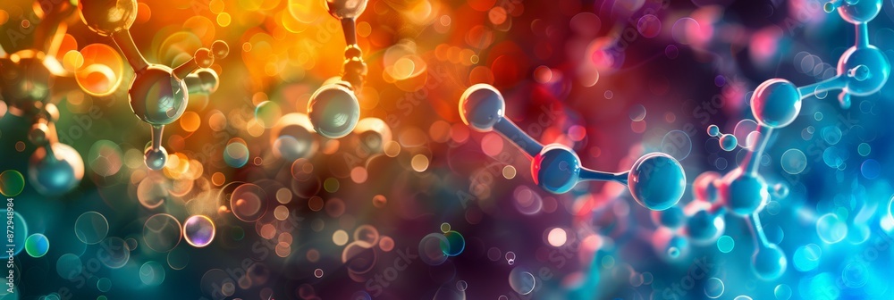 Poster Blue molecular structure with abstract bokeh background. Concept of advanced medical research and biotechnology.