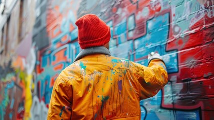 A man wearing a plaid jacket stands in front of a graffiti wall