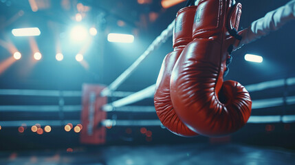 A pair of red boxing gloves hang in a boxing ring with dramatic lighting