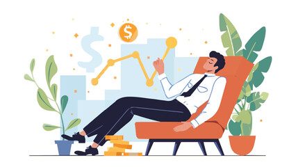 Passive income and market investing flat vector illustration. Investor man relax in chair and get money profits