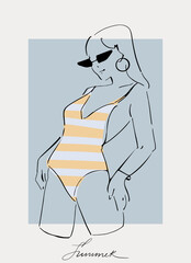 Line art abstract woman in underwear. Vector illustration. Minimalist linear female figure. Poster.