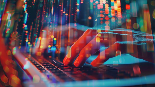Close-up of hands typing on laptop keyboard with abstract glowing business chart hologram on blurry background, representing technology and financial growth concepts