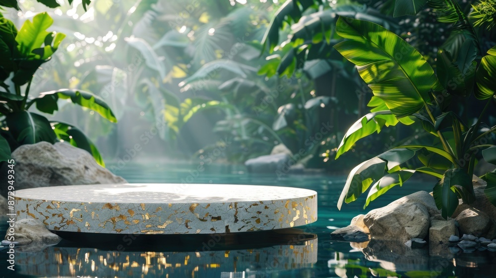 Poster an abstract scene with a white and gold cobblestone podium and rock platform, surrounded by lush tro