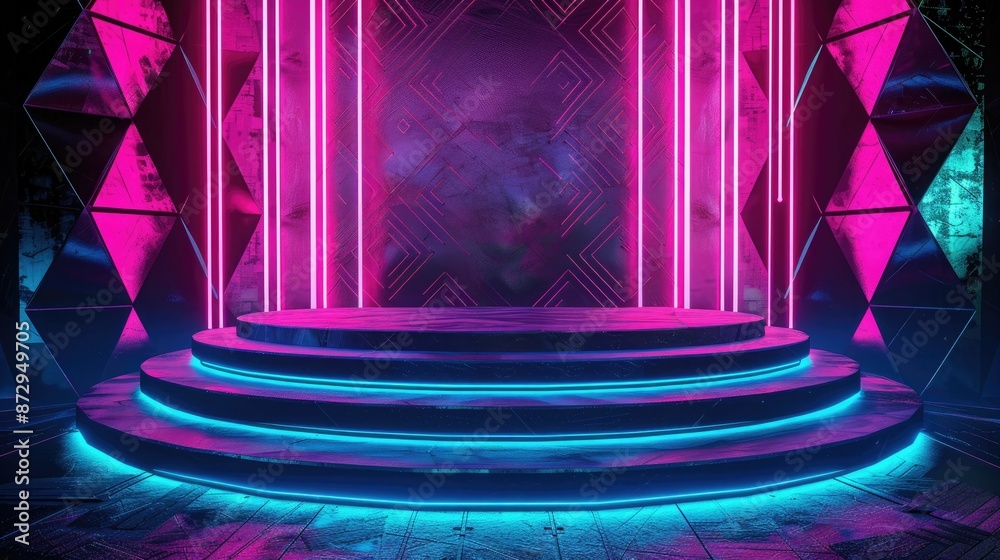 Poster A neon-lit podium with a geometric backdrop of glowing lines and shapes, including diamonds and polygons. 