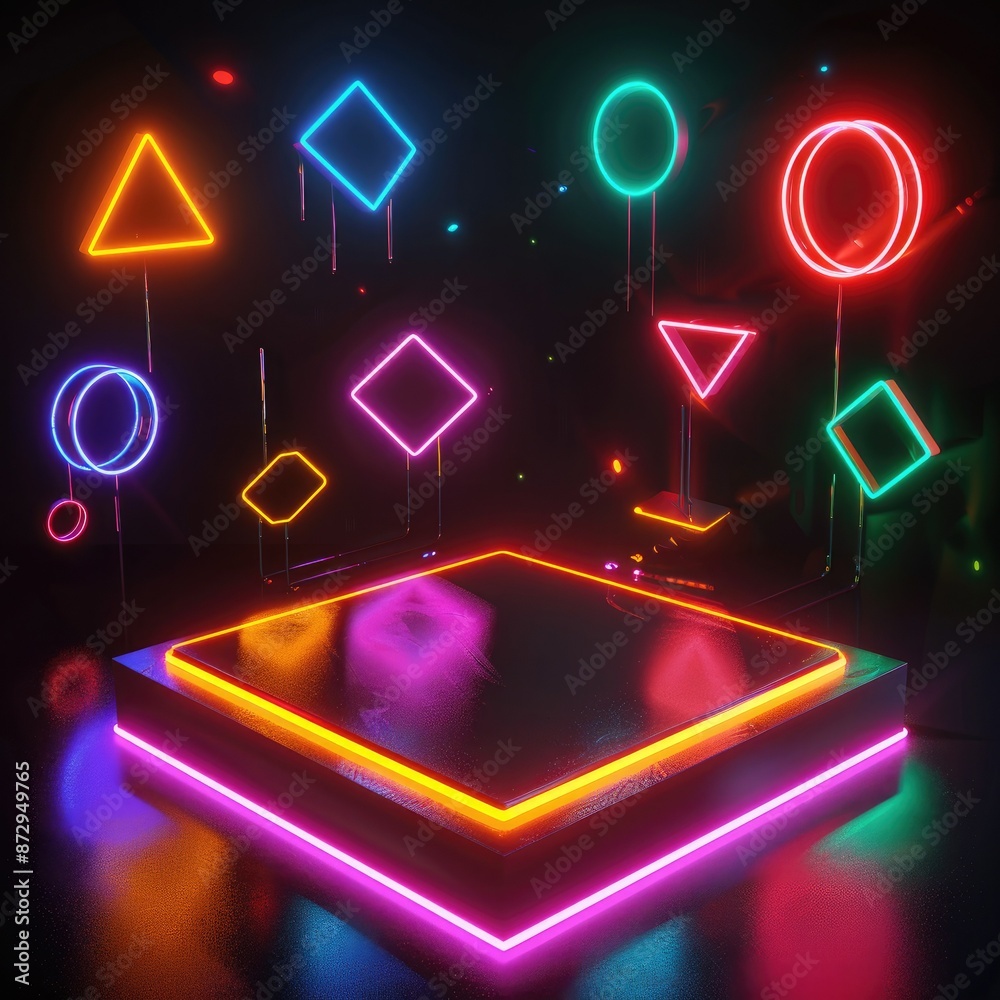 Poster A square neon podium surrounded by a series of floating geometric shapes, all glowing with different neon colors. 
