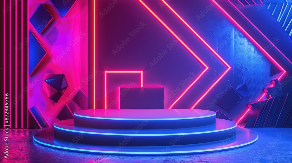 Poster A neon-lit podium with a geometric backdrop of glowing lines and shapes, including diamonds and polygons. 