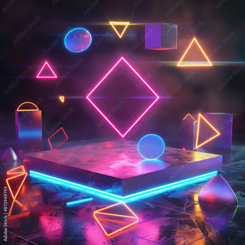 Aufkleber A square neon podium surrounded by a series of floating geometric shapes, all glowing with different neon colors. 