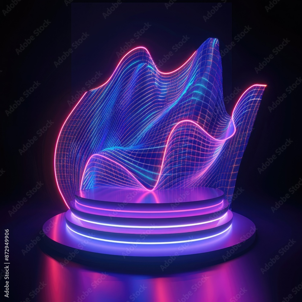 Poster A glowing neon podium with abstract geometric shapes in the form of lines and curves surrounding it, creating a dynamic visual effect. 