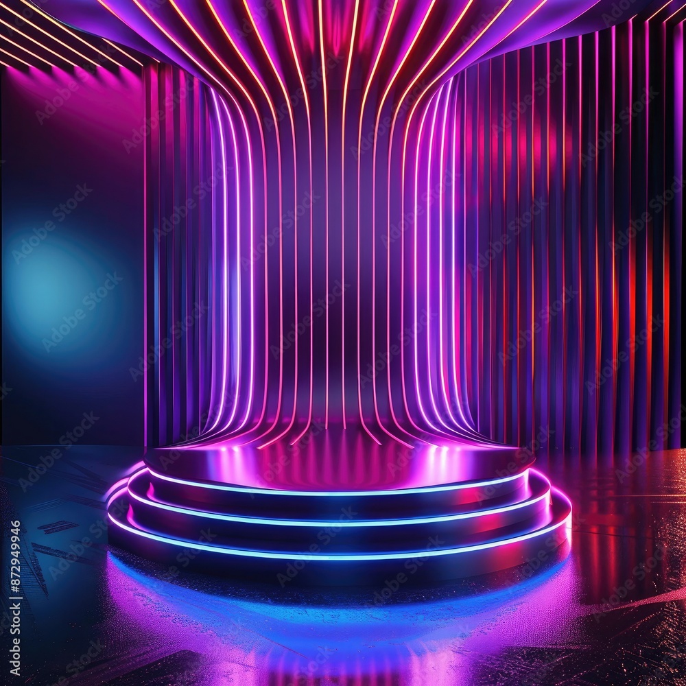 Poster A glowing neon podium with abstract geometric shapes in the form of lines and curves surrounding it, creating a dynamic visual effect. 